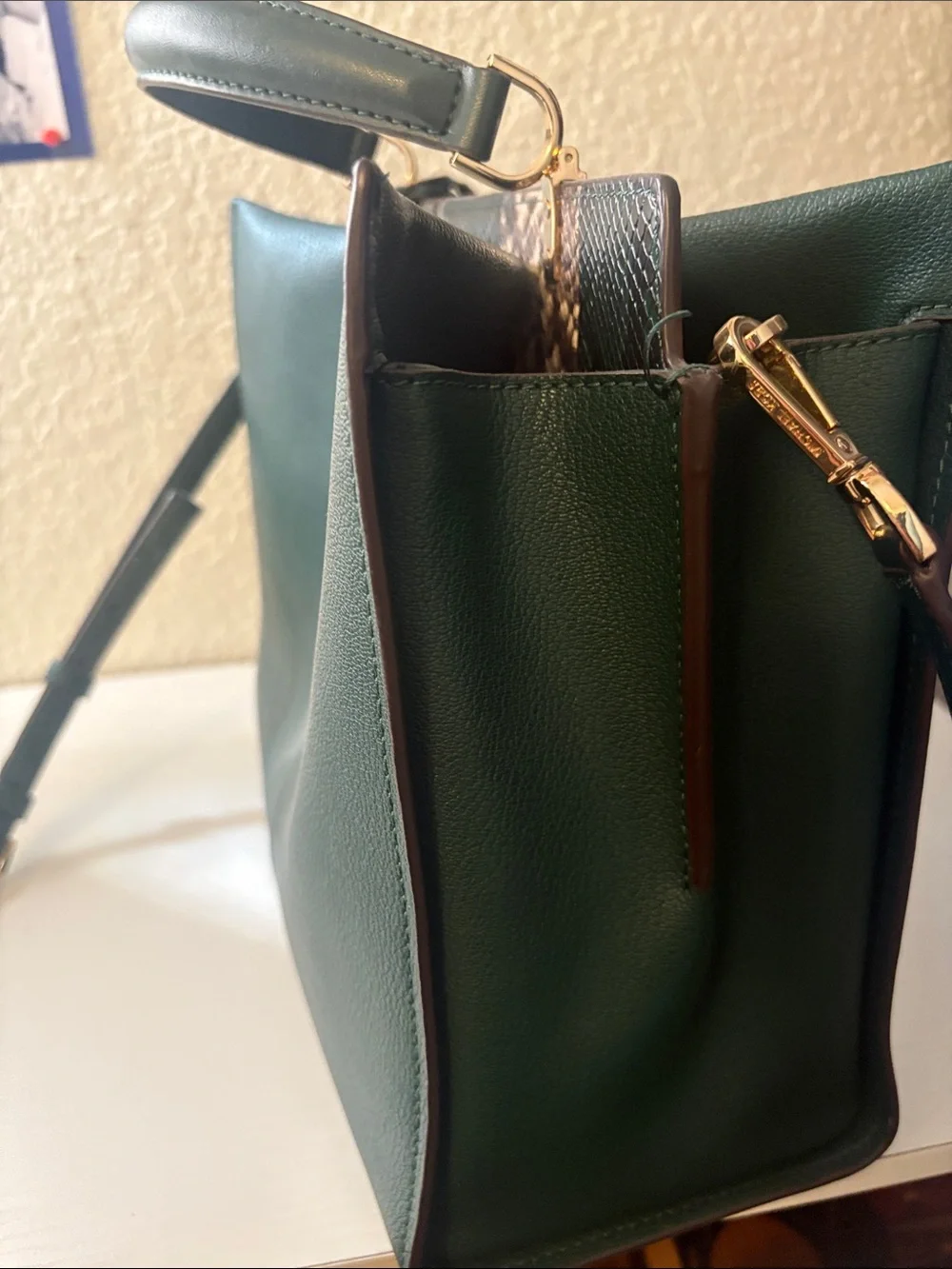 Michael Kors Dark Green Leather Satchel with Gold Hardware